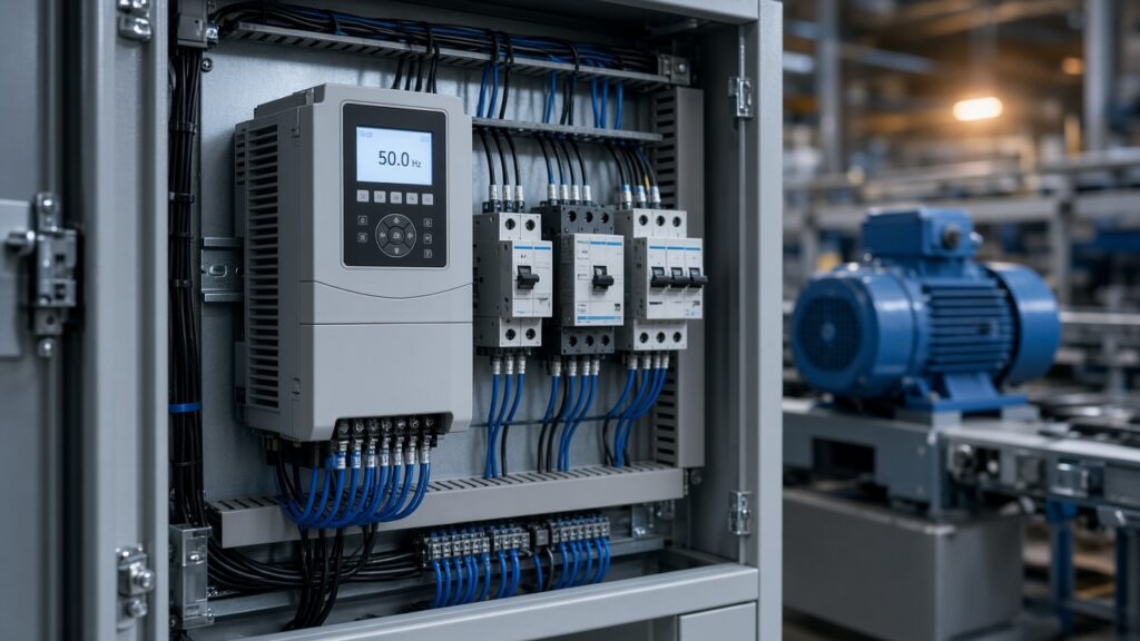Variador de frecuencia montado en un armario eléctrico industrial junto a contactores y un motor trifásico