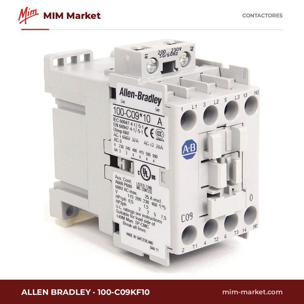 Contactor Allen Bradley 100-C09KF10 – 3 polos, 9 A, 4 kW, bobina 230 V AC