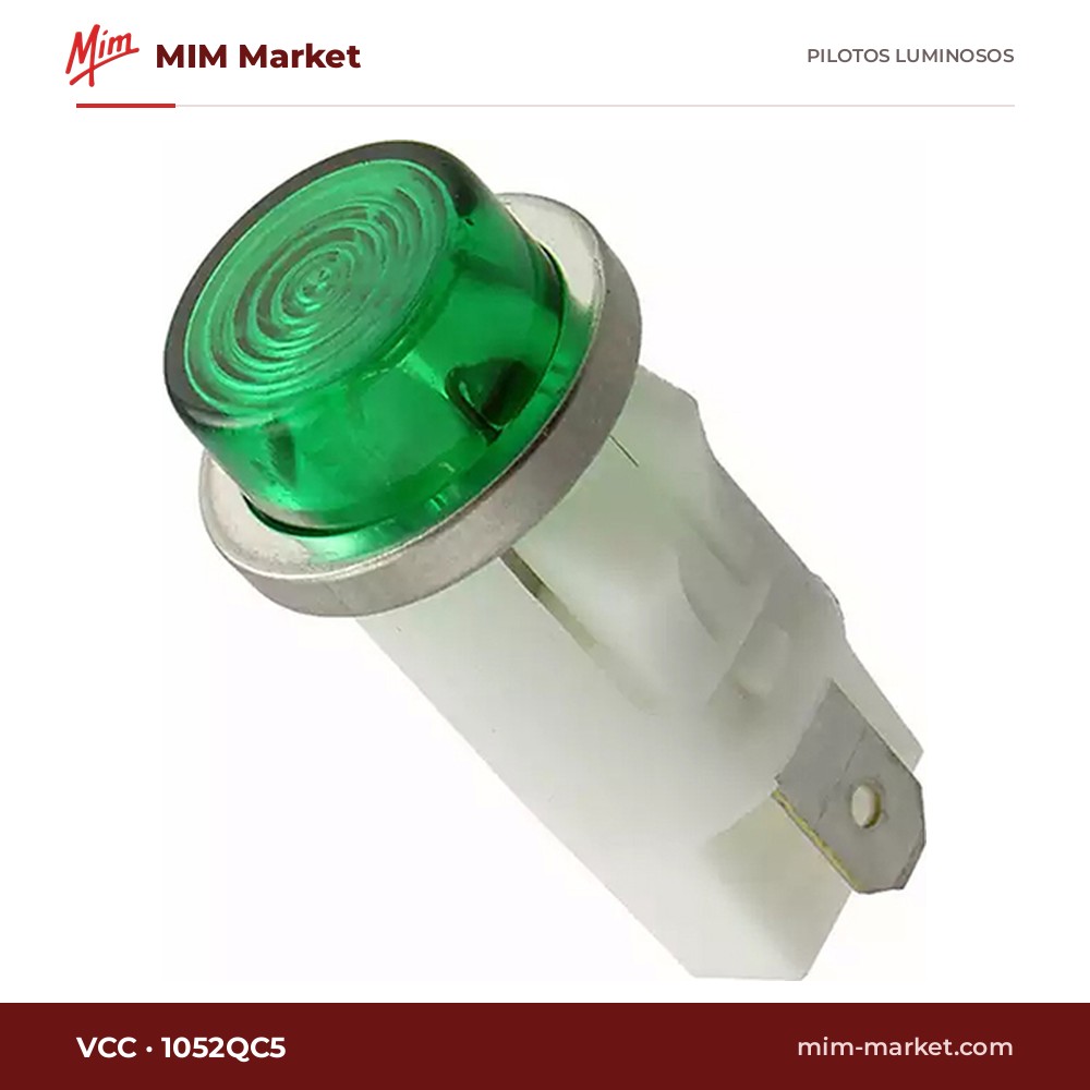 Piloto de neón VCC 1052QC5 – serie 1050Q, verde, 105 V…125 V AC, Ø12,7 mm, faston 4,7 mm
