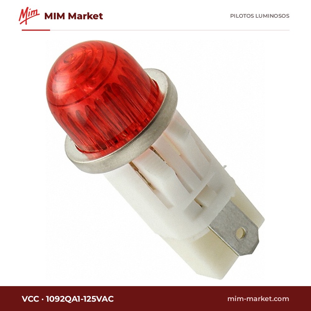 Piloto LED VCC 1092QA1-125VAC – serie 1092Q, rojo, 125 V AC, Ø12,7 mm, faston 4,7 mm