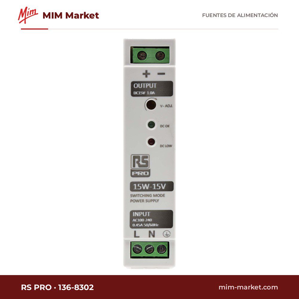 Fuente de alimentación carril DIN RS PRO 136-8302 – 15 V DC, 1 A, 15 W