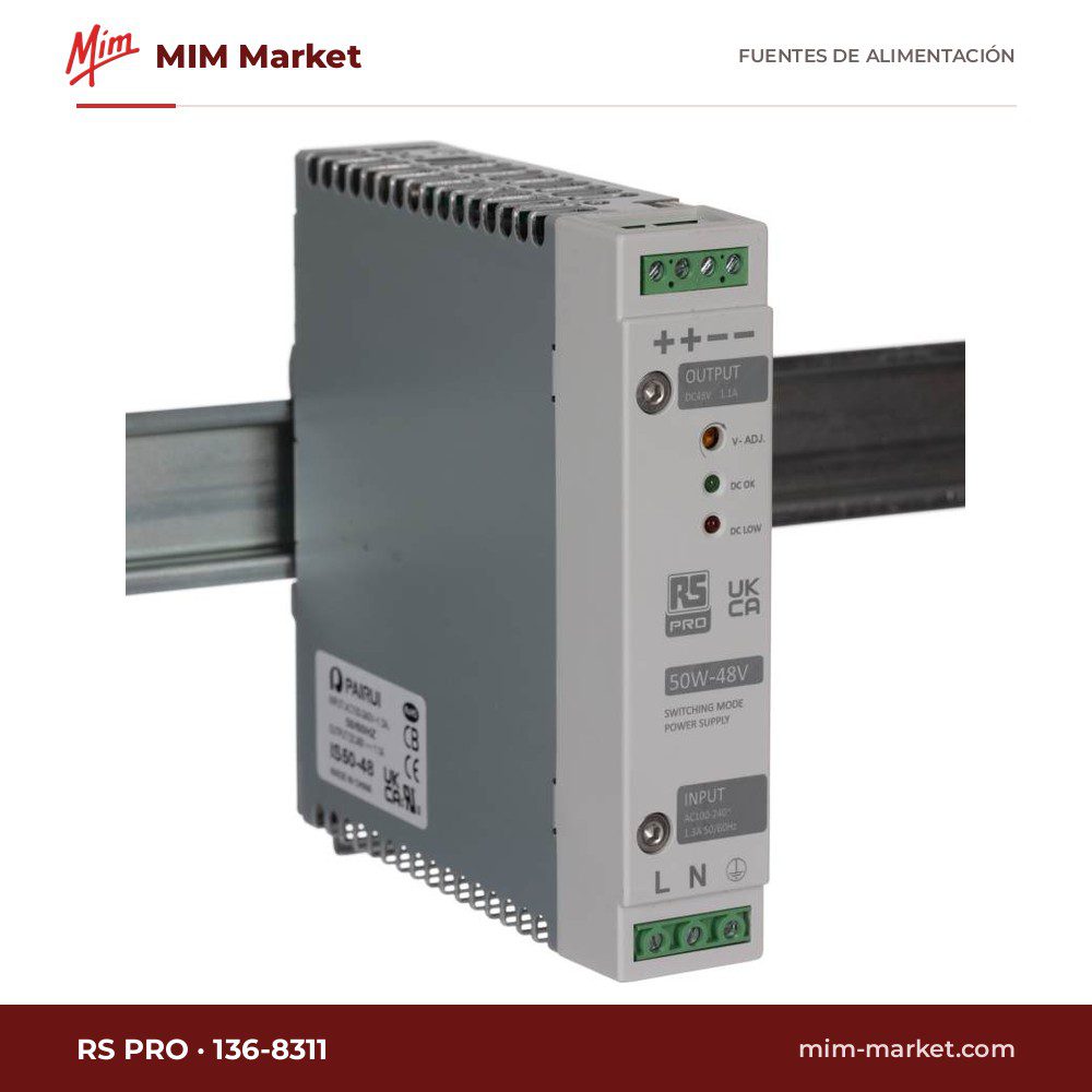 Fuente de alimentación carril DIN RS PRO 136-8311 – 48,3 V DC, 1,1 A, 50 W