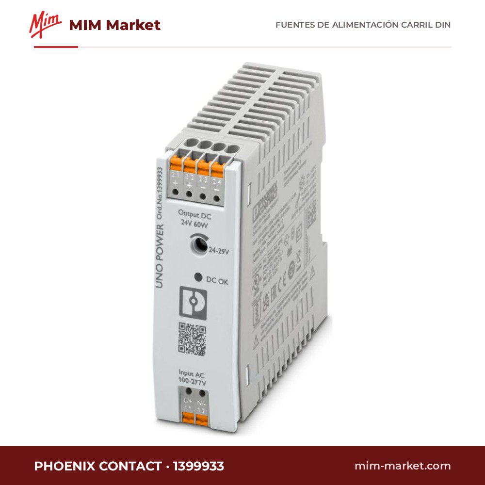 Fuente de alimentación carril DIN Phoenix Contact 1399933 – 24 V dc, 2.5 A a 24 V dc, 60 W