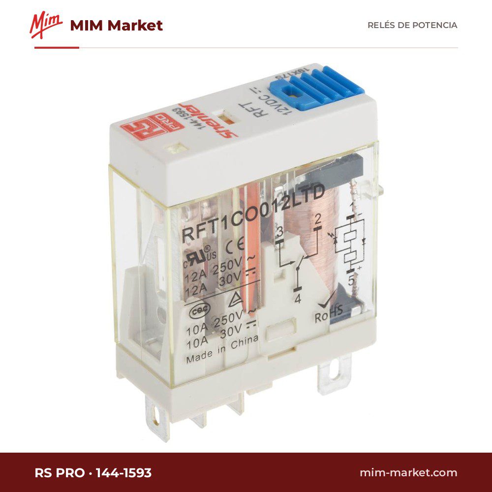 Relé de potencia RS PRO 144-1593 – SPDT, bobina 12 V dc, 12 A