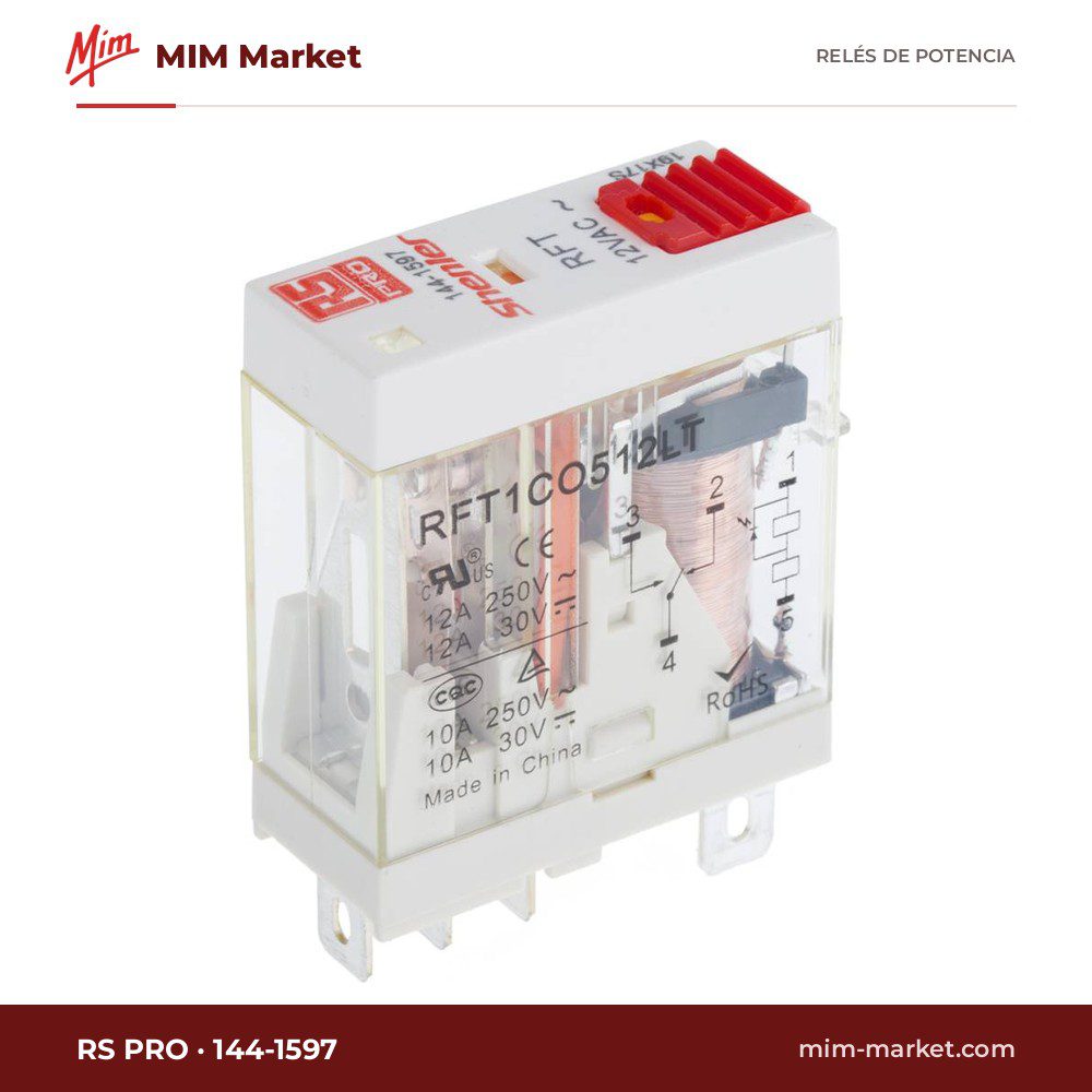 Relé de potencia RS PRO 144-1597 – SPDT, bobina 12 V ac, 12 A