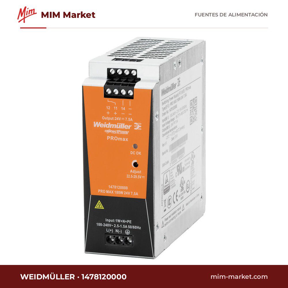 Fuente de alimentación carril DIN Weidmüller 1478120000 – 24 V DC, 7,5 A, 180 W