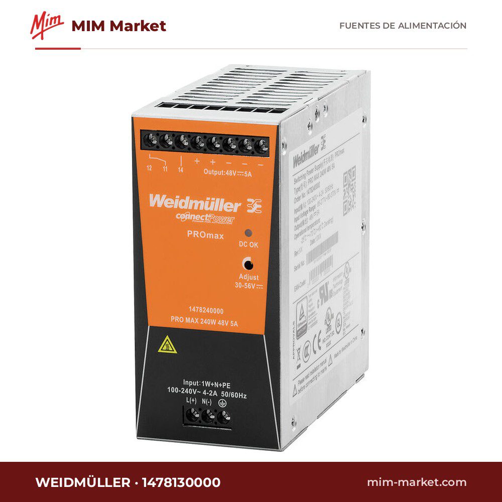Fuente de alimentación carril DIN Weidmüller 1478130000 – 24 V DC, 10 A, 240 W