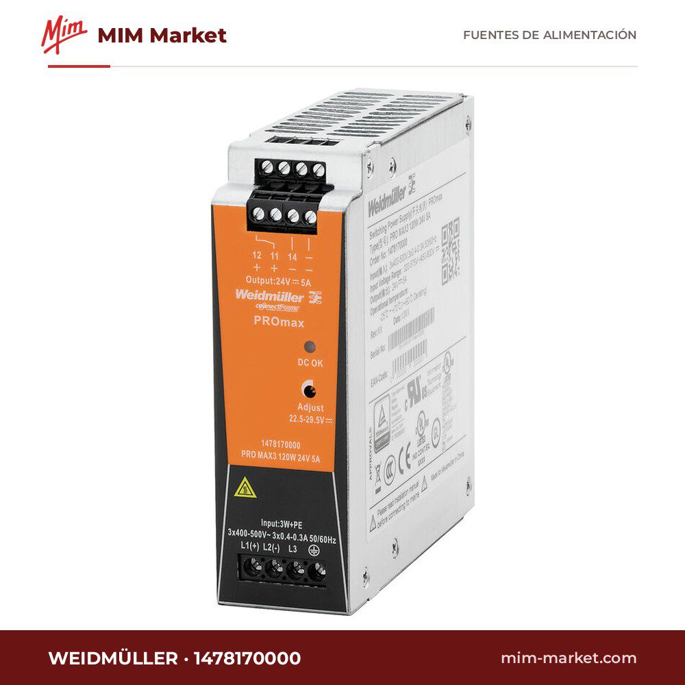 Fuente de alimentación carril DIN Weidmüller 1478170000 – 24 V DC, 5 A, 120 W