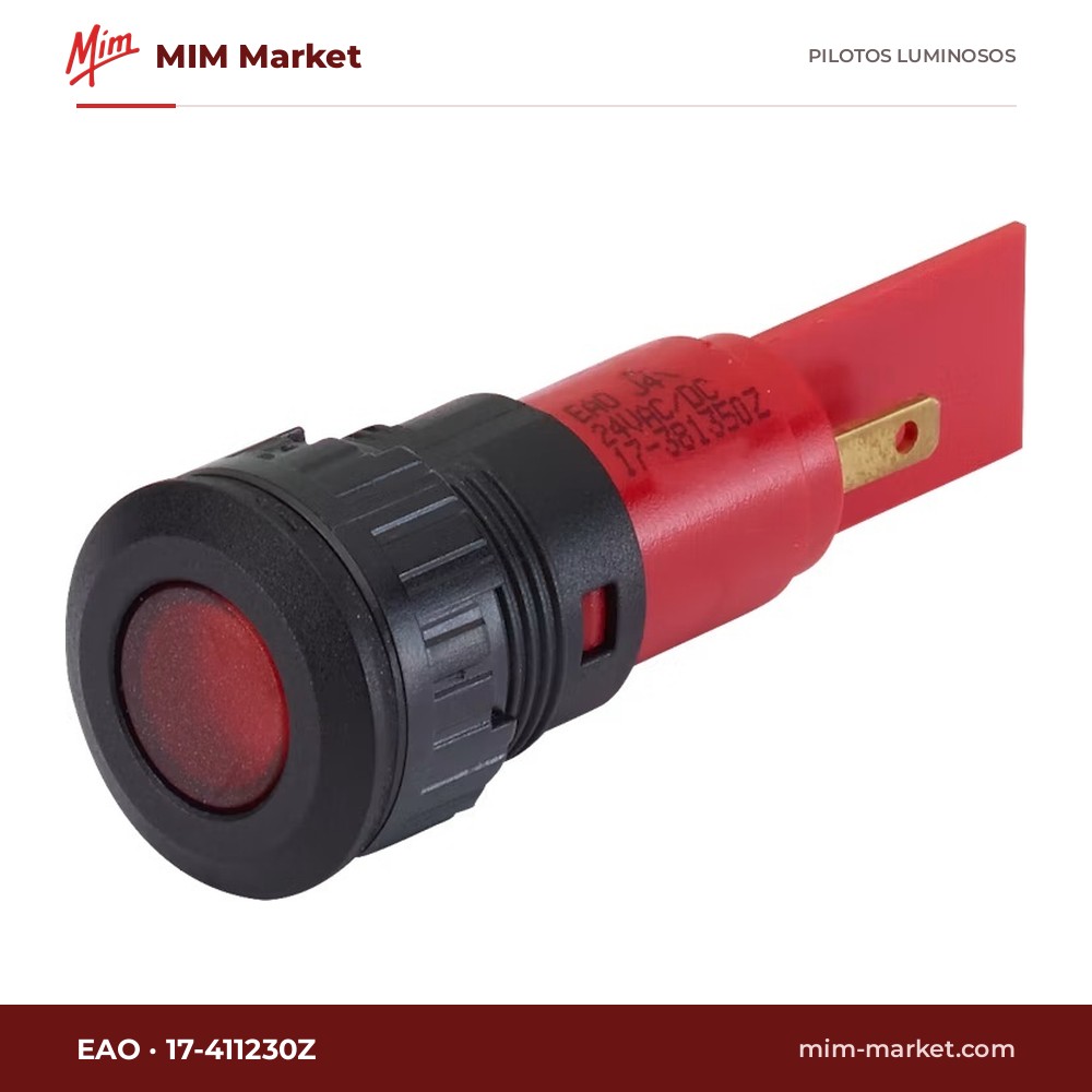 Piloto LED EAO 17-411230Z – serie 17, rojo, 230 V AC, Ø16,2 mm, terminales enchufables 2,8 x 0,8 mm, IP65