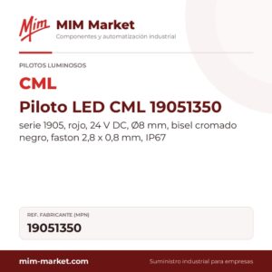 Piloto LED CML 19051350 – serie 1905, rojo, 24 V DC, Ø8 mm, bisel cromado negro, faston 2,8 x 0,8 mm, IP67