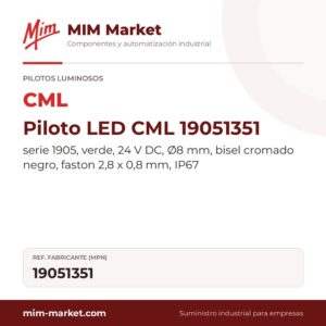 Piloto LED CML 19051351 – serie 1905, verde, 24 V DC, Ø8 mm, bisel cromado negro, faston 2,8 x 0,8 mm, IP67