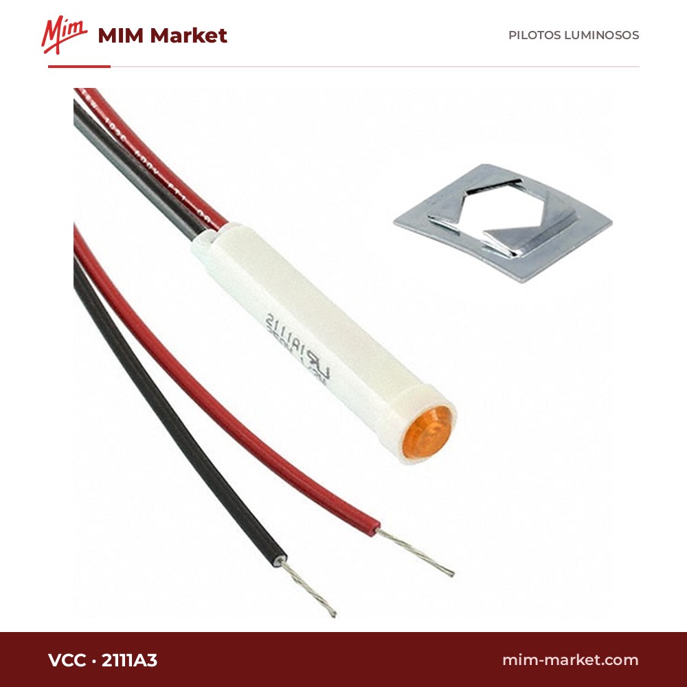 Piloto de neón VCC 2111A3 – ámbar, 250 V AC, Ø7,87 mm, cables de 116,8 mm