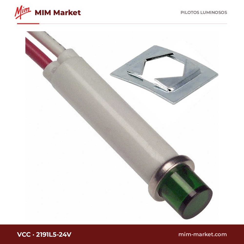 Piloto LED VCC 2191L5-24V – serie 2191, verde, 24 V, Ø7,87 mm, cables de 116,8 mm