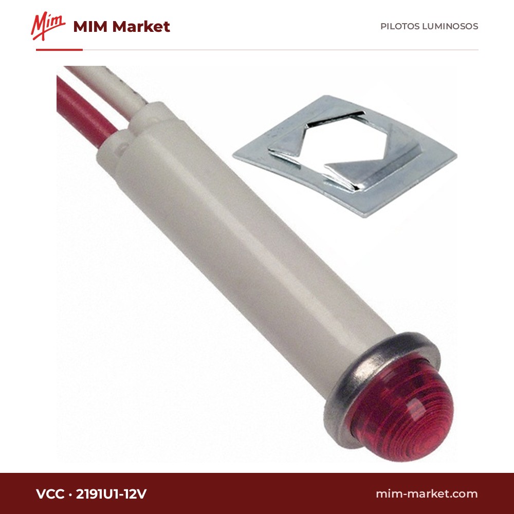 Piloto LED VCC 2191U1-12V – serie 2191, rojo, 12 V, Ø7,87 mm, cables de 116,8 mm