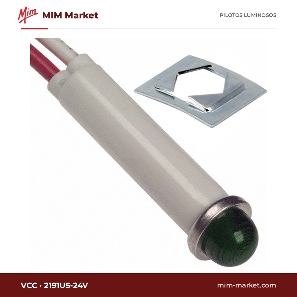 Piloto LED VCC 2191U5-24V – serie 2191, verde, 24 V, Ø7,87 mm, cables de 116,8 mm