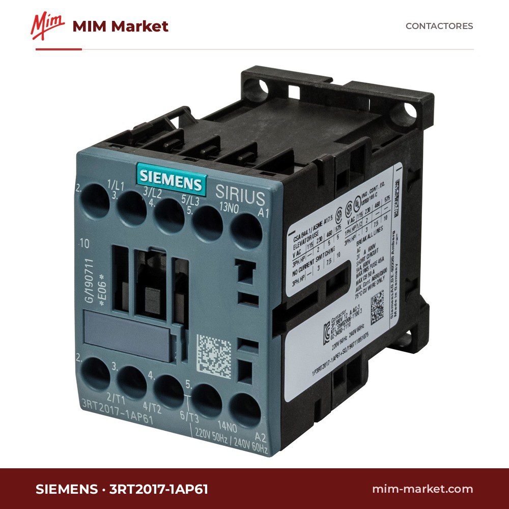 Contactor Siemens 3RT2017-1AP61 – 3 polos, 22 A, 5,5 kW, bobina 220-240 V AC