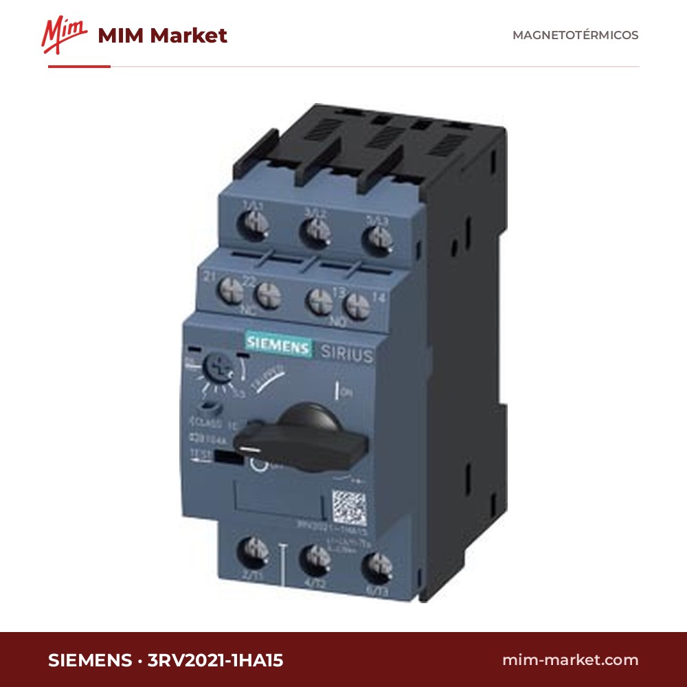 Guardamotor (interruptor automático de protección de motor) Siemens 3RV2021-1HA15 – SIRIUS 3RV2 S0, 5,5…8 A, CLASS 10, 100 kA a 400 V, aux. 1NA+1NC