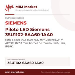 Piloto LED Siemens 3SU1102-6AA60-1AA0 – serie SIRIUS ACT 3SU1 (Ø22 mm), blanco, 24 V AC/DC, Ø22,3 mm, bornes de tornillo, IP66, IP67, IP69K