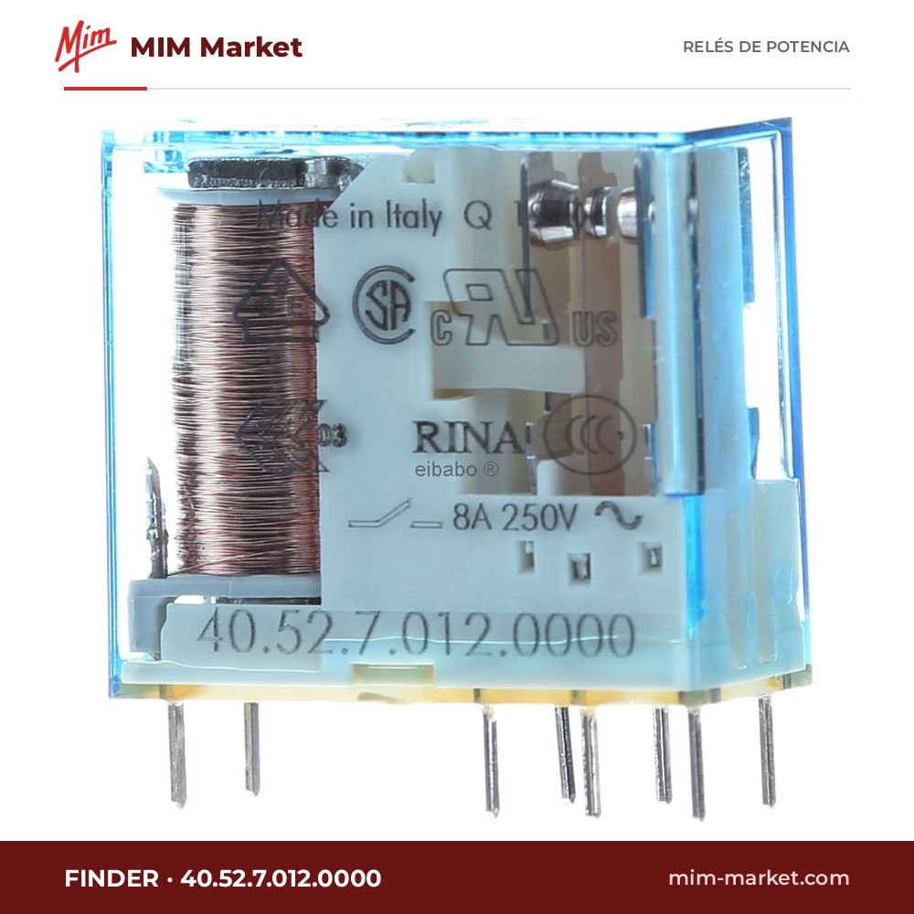 Relé de potencia Finder 40.52.7.012.0000 – DPDT, bobina 12 V dc, 8 A