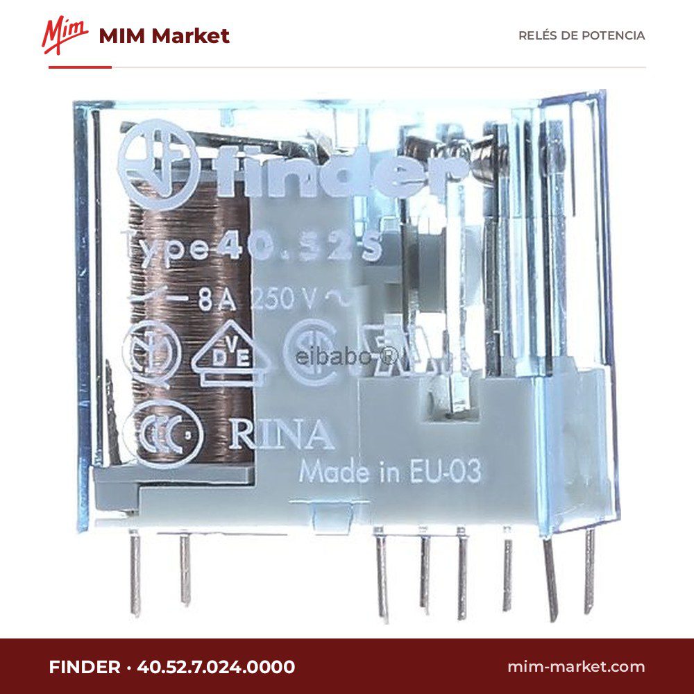 Relé de potencia Finder 40.52.7.024.0000 – DPDT, bobina 24 V dc, 8 A