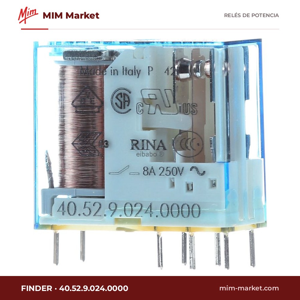 Relé de potencia Finder 40.52.9.024.0000 – DPDT, bobina 24 V dc, 8 A