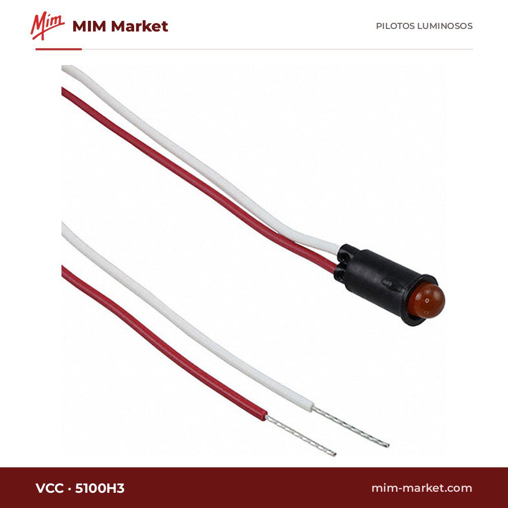 Piloto LED VCC 5100H3 – serie 5100H, ámbar, Vf típ. 2 V, Ø6,35 mm, cables de 152,4 mm