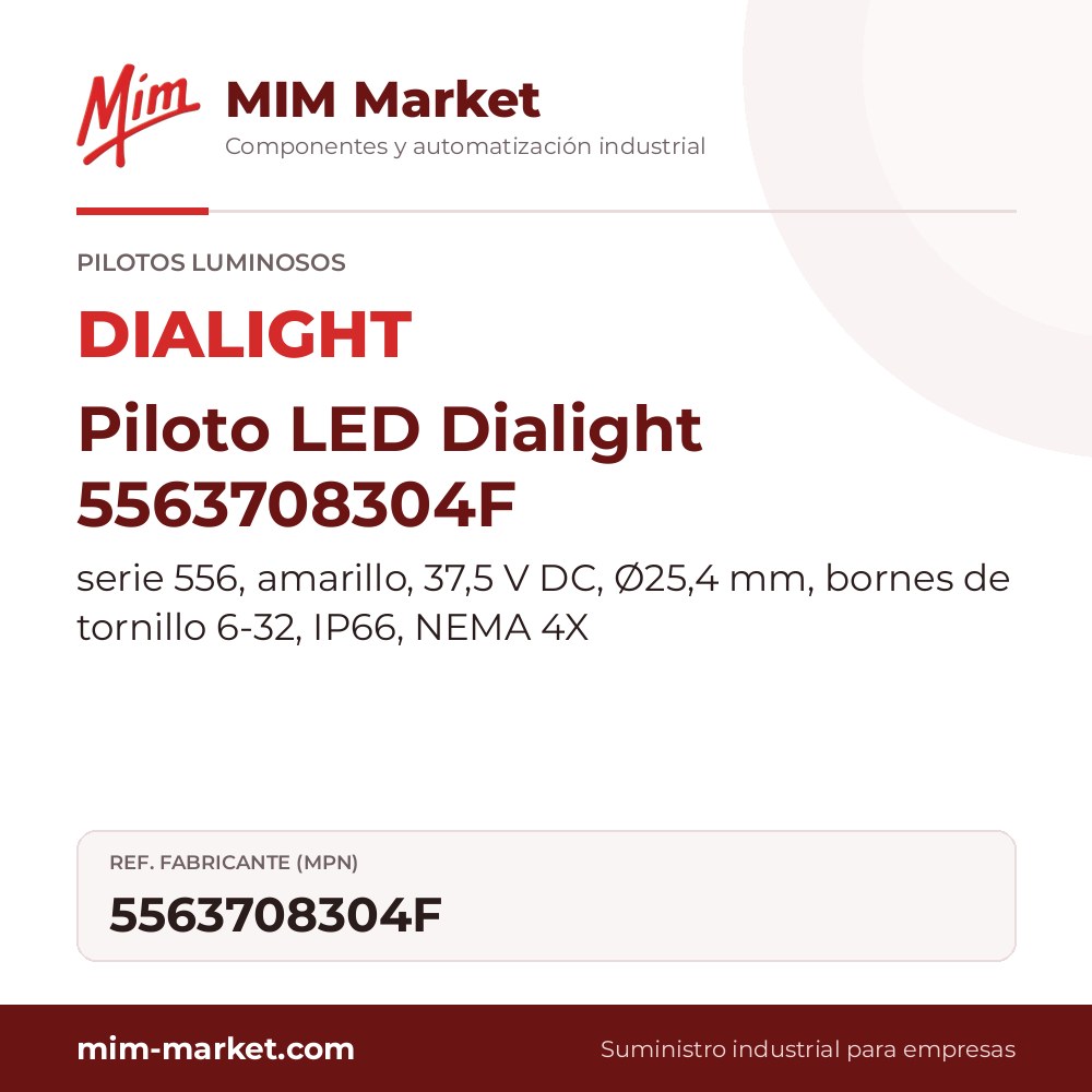 Piloto LED Dialight 5563708304F – serie 556, amarillo, 37,5 V DC, Ø25,4 mm, bornes de tornillo 6-32, IP66, NEMA 4X