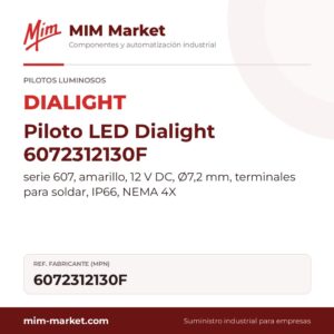 Piloto LED Dialight 6072312130F – serie 607, amarillo, 12 V DC, Ø7,2 mm, terminales para soldar, IP66, NEMA 4X