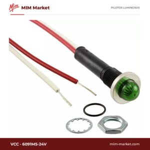 Piloto LED VCC 6091M5-24V – serie 6091, verde, 24 V, Ø9,65 mm, cables de 116,8 mm, NEMA 13
