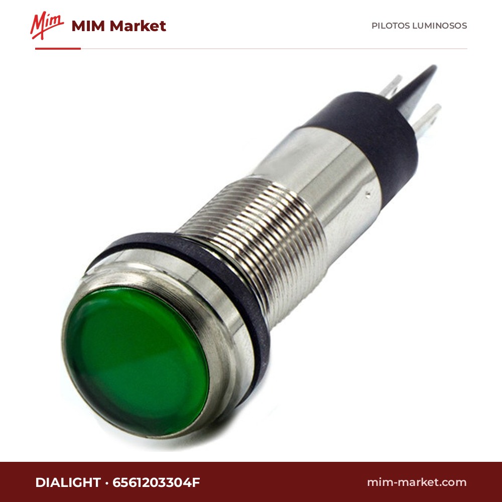 Piloto LED Dialight 6561203304F – serie 656, verde, 12 V DC, Ø12,7 mm, faston, IP66, NEMA 4X