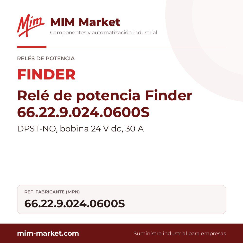 Relé de potencia Finder 66.22.9.024.0600S – DPST-NO, bobina 24 V dc, 30 A