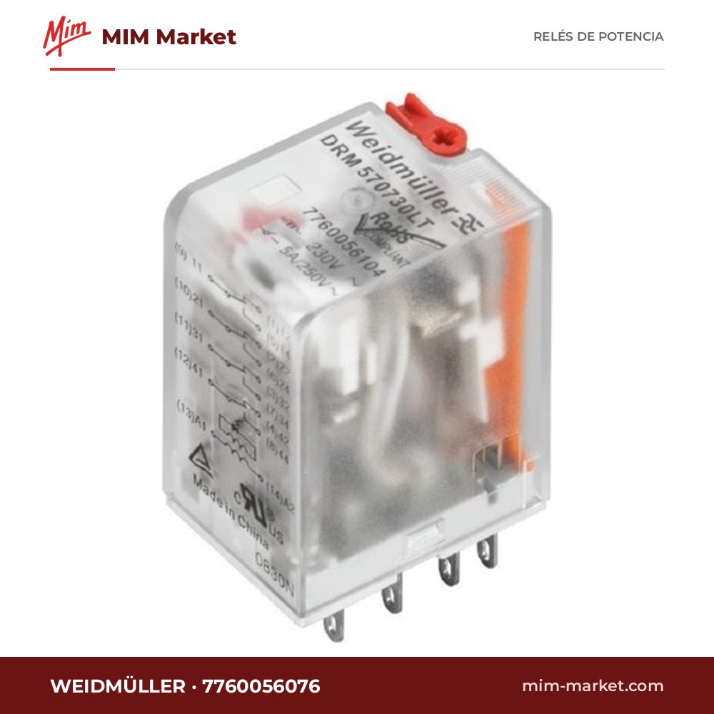Relé de potencia Weidmüller 7760056076 – DPDT, bobina 230 V ac, 10 A