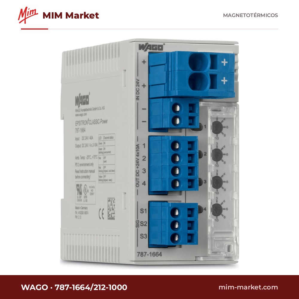Interruptor de protección electrónico WAGO 787-1664/212-1000 – 4 canales, 24 V DC, 2-12 A ajustable por canal, limitación activa de corriente