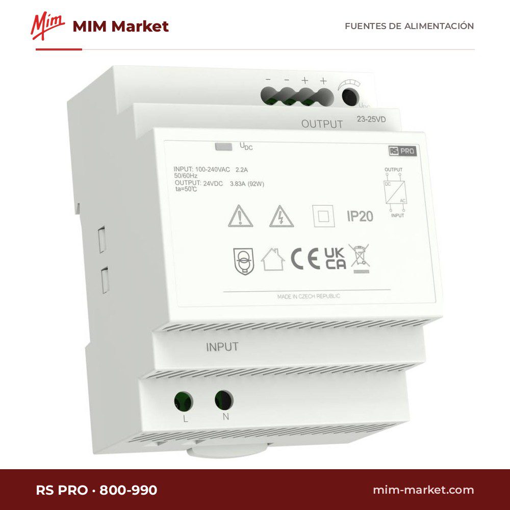 Fuente de alimentación carril DIN RS PRO 800-990 – 24 V DC, 3,83 A, 92 W