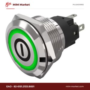 Pulsador antivandálico luminoso EAO 82-6151.2133.B001 – serie 82, 22 mm, acero inoxidable, enclavamiento, anillo LED verde 12 V con símbolo ON/OFF, SPDT, IP67