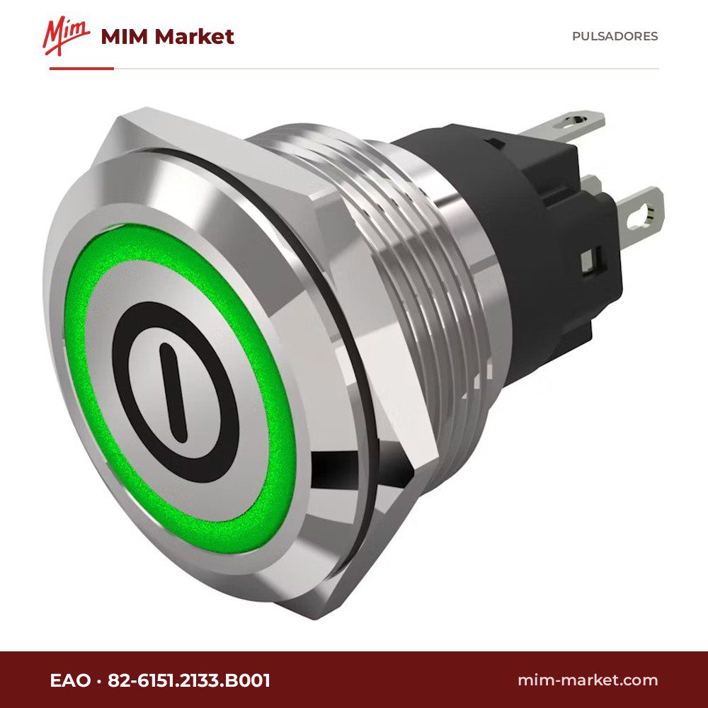 Pulsador antivandálico luminoso EAO 82-6151.2133.B001 – serie 82, 22 mm, acero inoxidable, enclavamiento, anillo LED verde 12 V con símbolo ON/OFF, SPDT, IP67