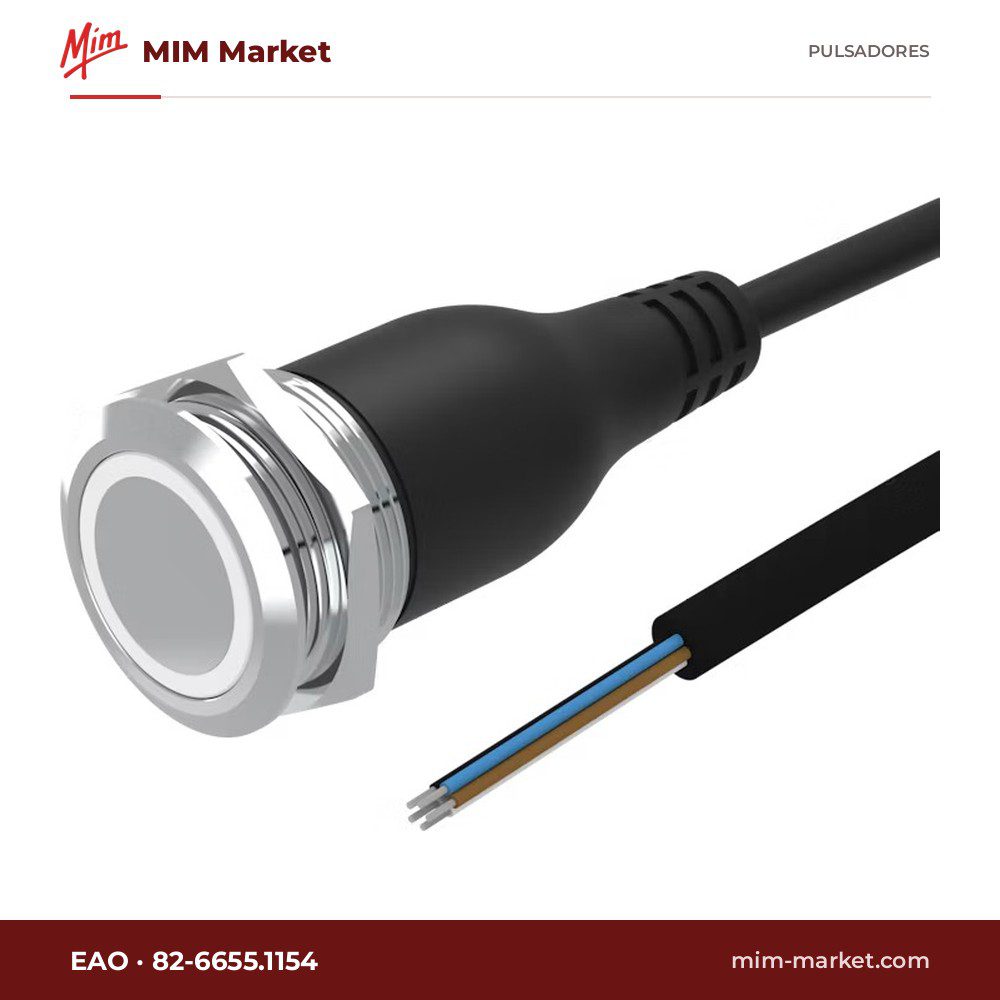 Pulsador antivandálico luminoso EAO 82-6655.1154 – serie 82, 22 mm, acero inoxidable 316L, momentáneo, anillo LED blanco 24 V DC, cable 200 mm, IP67