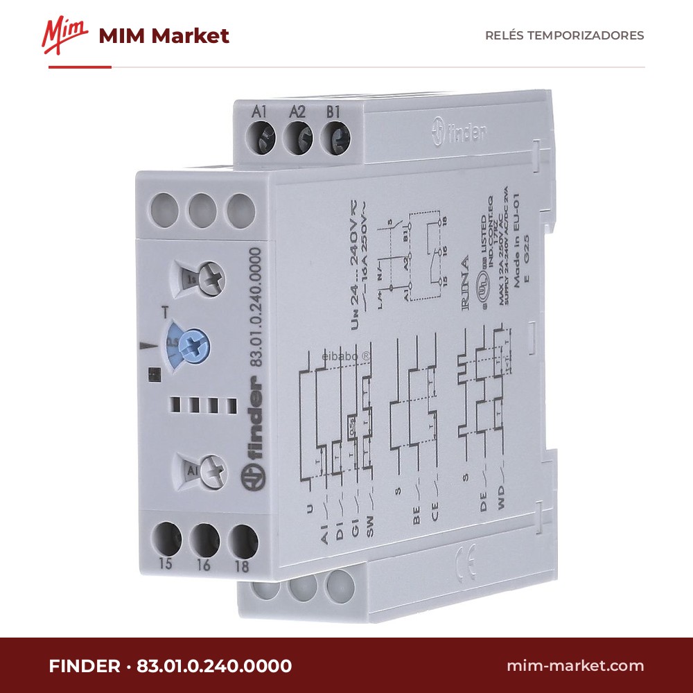 Relé temporizador Finder 83.01.0.240.0000 – 24-240 V ac / 24 V dc, Retardo a la conexión