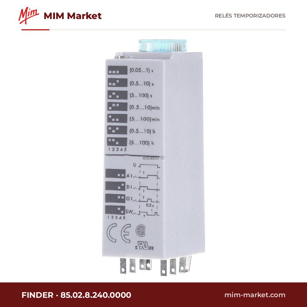 Relé temporizador Finder 85.02.8.240.0000 – 230-240 V ac / 110 - 125 V dc, Multifunción
