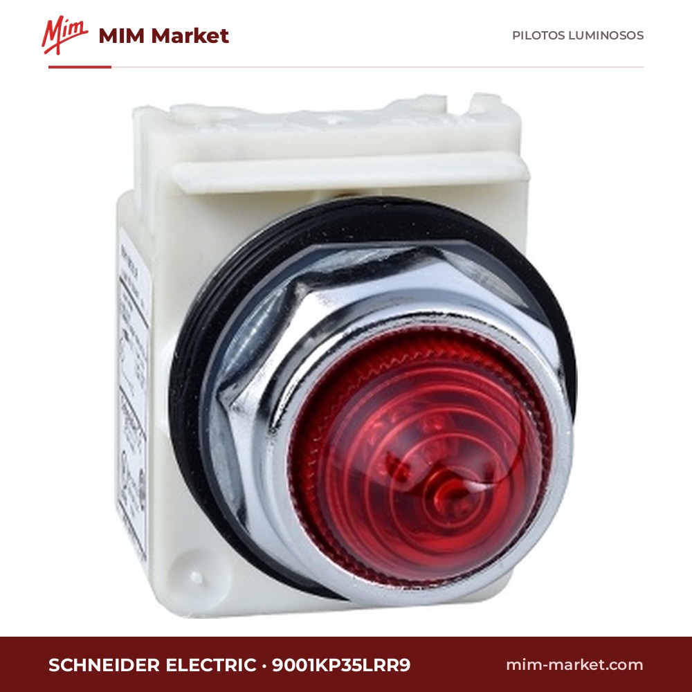 Piloto LED Schneider Electric 9001KP35LRR9 – serie Harmony 9001K (Ø30 mm), rojo, 24…28 V AC/DC, Ø30 mm, bisel metálico cromado, bornes de tornillo-estribo, IP66, NEMA 1, 2, 3, 3R, 4, 12, 13