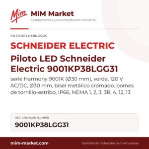 Piloto LED Schneider Electric 9001KP38LGG31 – serie Harmony 9001K (Ø30 mm), verde, 120 V AC/DC, Ø30 mm, bisel metálico cromado, bornes de tornillo-estribo, IP66, NEMA 1, 2, 3, 3R, 4, 12, 13