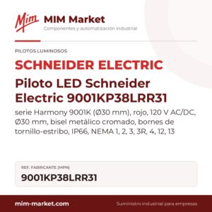 Piloto LED Schneider Electric 9001KP38LRR31 – serie Harmony 9001K (Ø30 mm), rojo, 120 V AC/DC, Ø30 mm, bisel metálico cromado, bornes de tornillo-estribo, IP66, NEMA 1, 2, 3, 3R, 4, 12, 13