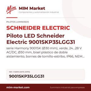 Piloto LED Schneider Electric 9001SKP35LGG31 – serie Harmony 9001SK (Ø30 mm), verde, 24…28 V AC/DC, Ø30 mm, bisel plástico de doble aislamiento, bornes de tornillo-estribo, IP66, NEMA 1, 2, 3, 3R, 4, 4X, 12, 13