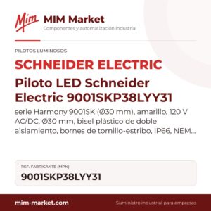 Piloto LED Schneider Electric 9001SKP38LYY31 – serie Harmony 9001SK (Ø30 mm), amarillo, 120 V AC/DC, Ø30 mm, bisel plástico de doble aislamiento, bornes de tornillo-estribo, IP66, NEMA 1, 2, 3, 3R, 4, 4X, 12, 13