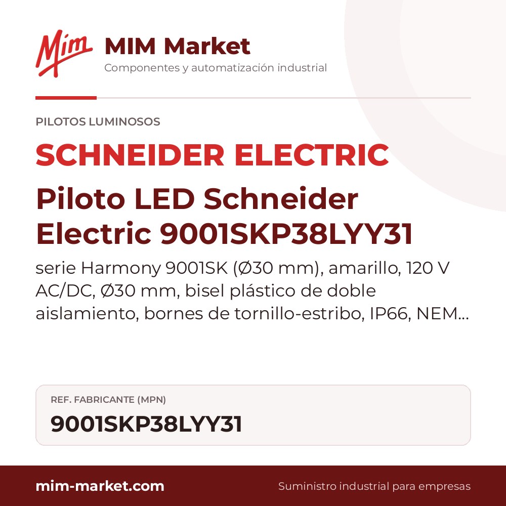 Piloto LED Schneider Electric 9001SKP38LYY31 – serie Harmony 9001SK (Ø30 mm), amarillo, 120 V AC/DC, Ø30 mm, bisel plástico de doble aislamiento, bornes de tornillo-estribo, IP66, NEMA 1, 2, 3, 3R, 4, 4X, 12, 13