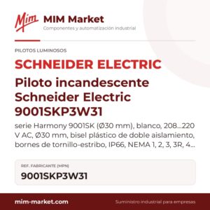 Piloto incandescente Schneider Electric 9001SKP3W31 – serie Harmony 9001SK (Ø30 mm), blanco, 208…220 V AC, Ø30 mm, bisel plástico de doble aislamiento, bornes de tornillo-estribo, IP66, NEMA 1, 2, 3, 3R, 4, 4X, 12, 13
