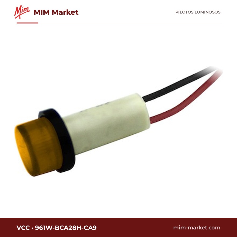 Piloto LED VCC 961W-BCA28H-CA9 – serie 961W, ámbar, 28 V, Ø7,37 mm, cables