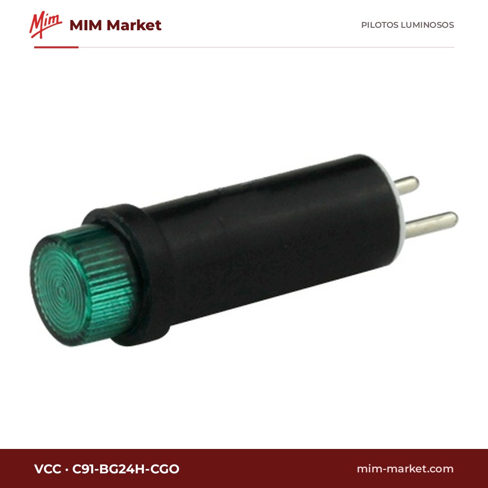 Piloto LED VCC C91-BG24H-CGO – serie C91, verde, 24 V, Ø7,37 mm, pines para circuito impreso