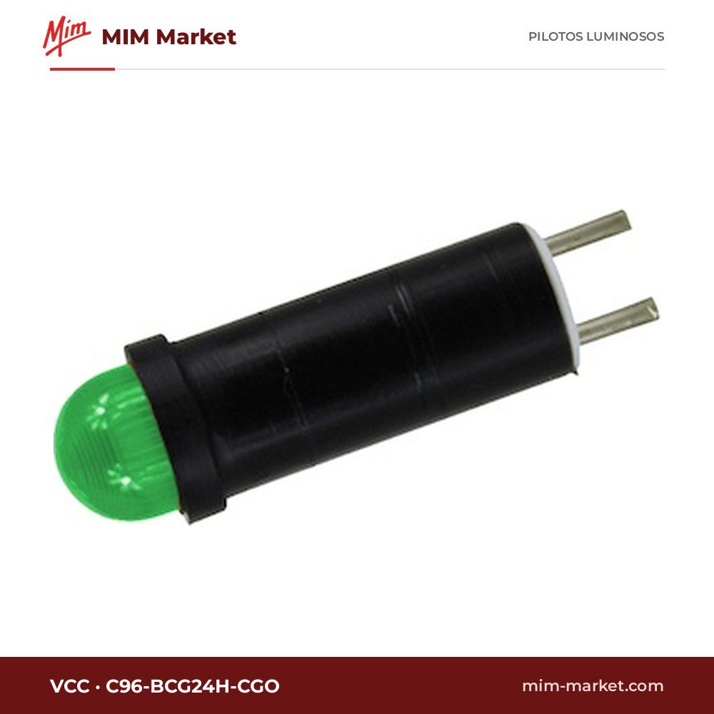 Piloto LED VCC C96-BCG24H-CGO – serie C96, verde, 24 V, Ø7,37 mm, pines para circuito impreso