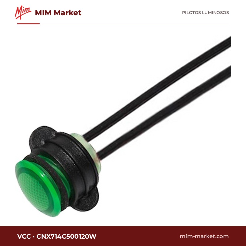 Piloto LED VCC CNX714C500120W – serie CNX714, verde, 120 V, Ø14 mm, cables de 152,4 mm, IP67